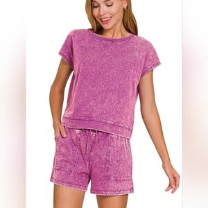 Zenana Premium Cotton Washed Sleeveless Top & Shorts Purple Casual Two-Piece Set